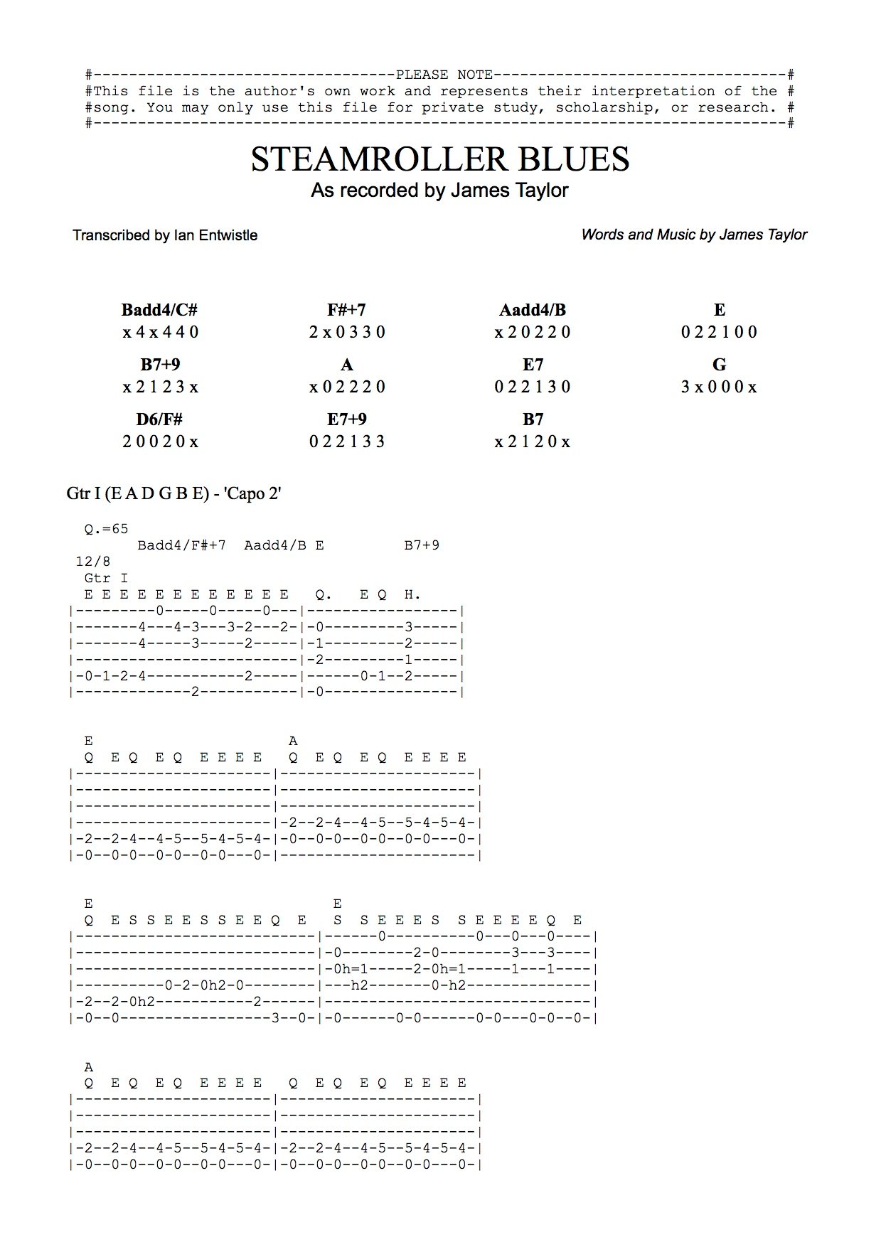 Steamroller Blues guitar tab - The Songs Of James Taylor